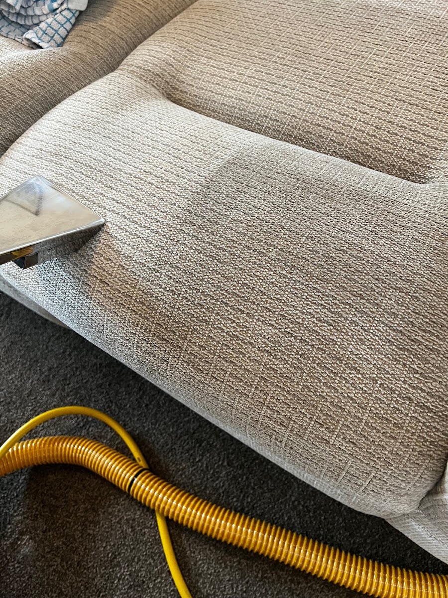RevivePro technician cleaning a fabric sofa with professional extraction equipment